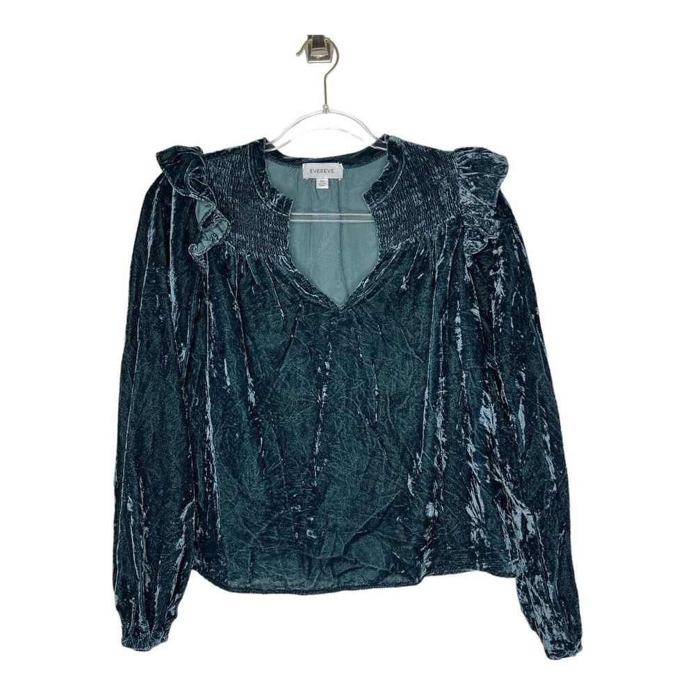 Evereve Top Womens XS Blue Crushed Velvet Long Sleeve V Neck Puff Sleeve